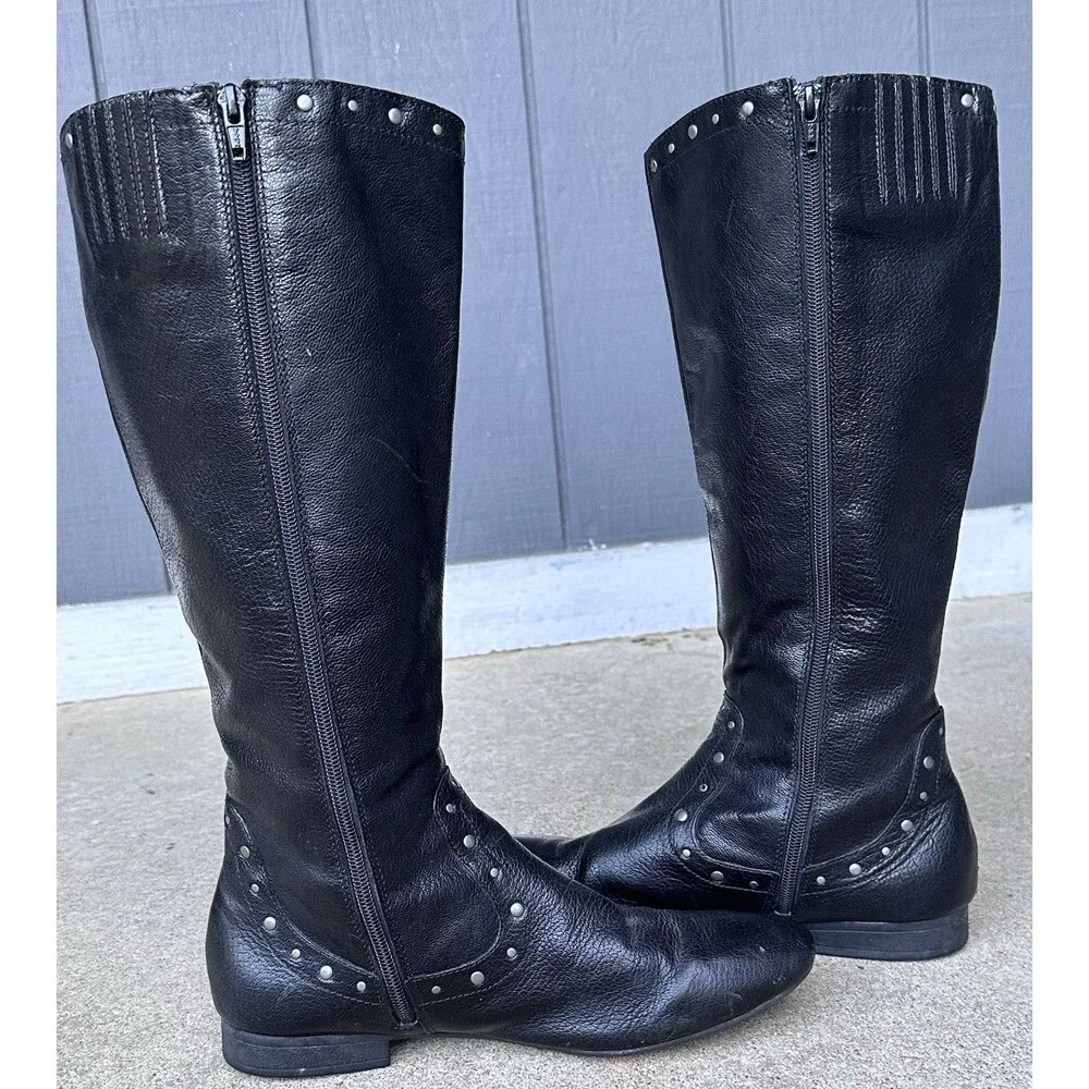Born Women's Black Leather Tall Riding Boots Studded Trim Side Zip US 10